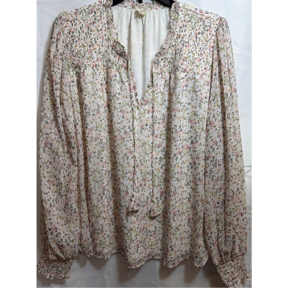 Women's Floral Smocked Blouse Sheer Bishop Sleeves Soft Girl Ethereal XL Romance